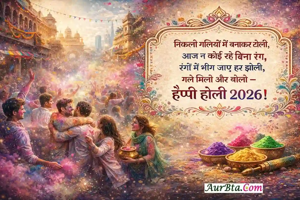 Happy Holi 2026 Wishes Hindi Shayari Image - Aurbta